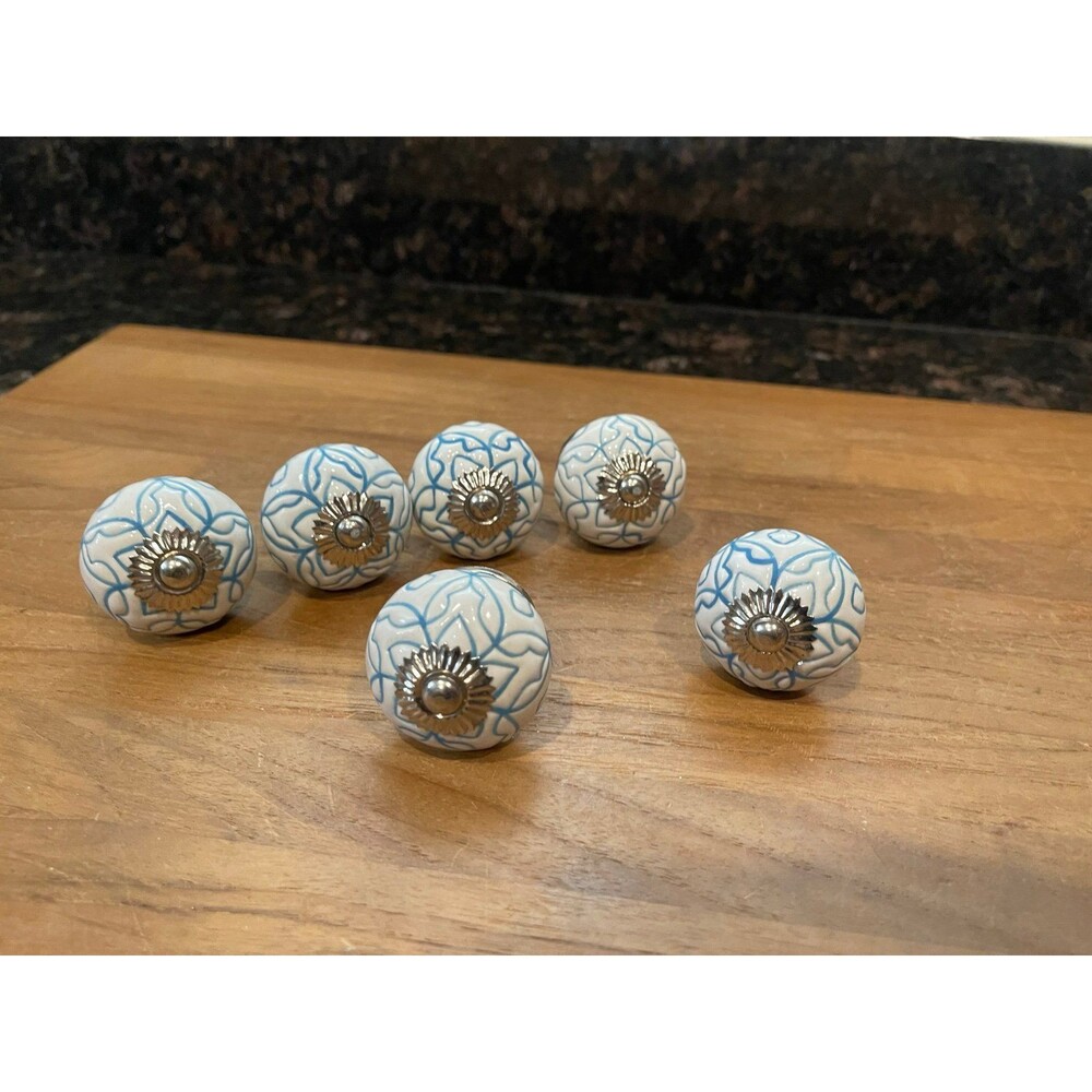 6 blue & White Geometric Ceramic Pull  cabinet Knobs